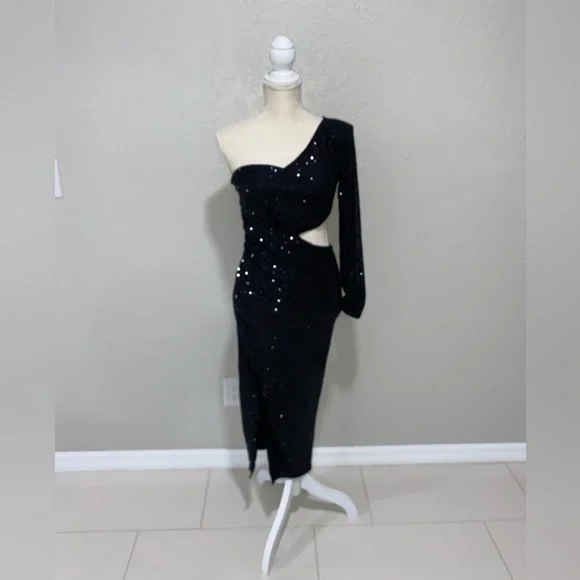 black glitter split leg bodycon dress Joella Embellished Cut-Out Halterneck Maxi Dress in Black